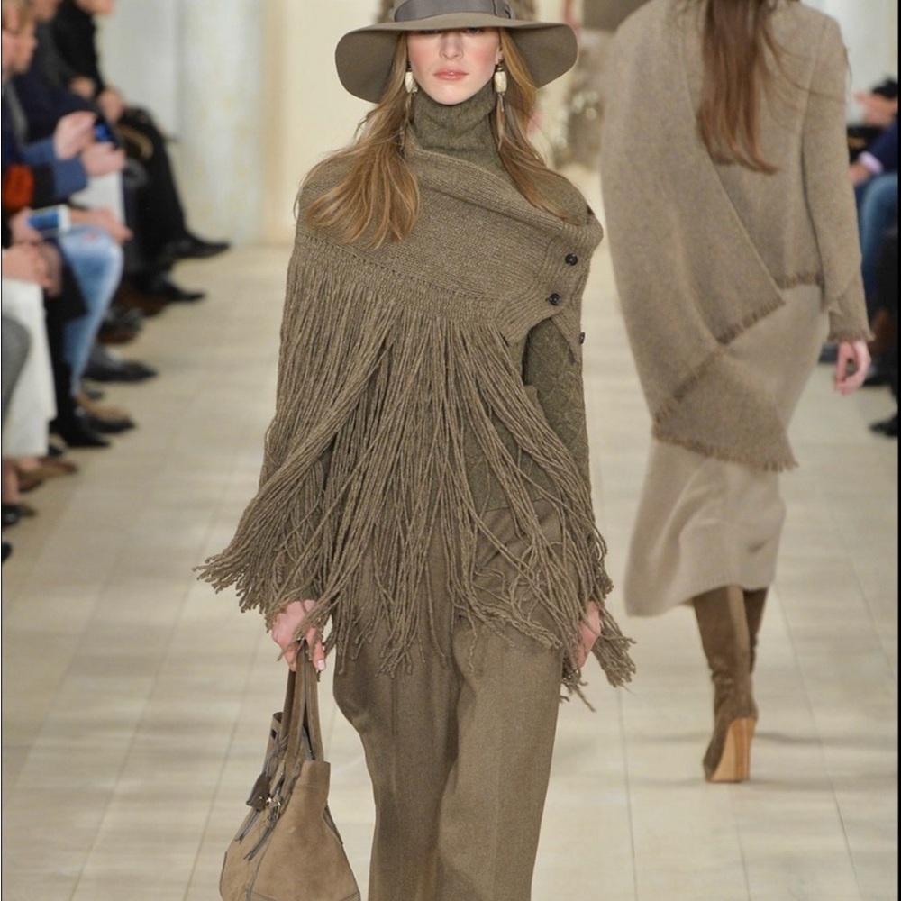 Neutral Fringe Knit Poncho with Turtleneck